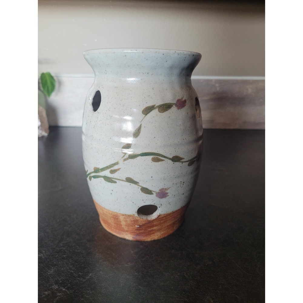 Vintage Stoneware Kitchen Crock 7" Floral Farmhouse Utensil Holder Garlic